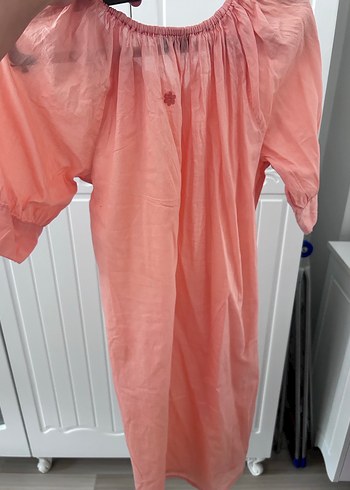 Pembe V Yaka Keten Salaş elbise - Görsel 4