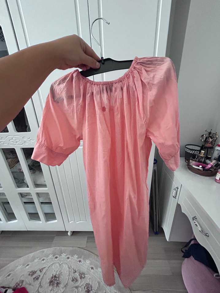 Pembe V Yaka Keten Salaş elbise - Görsel 5