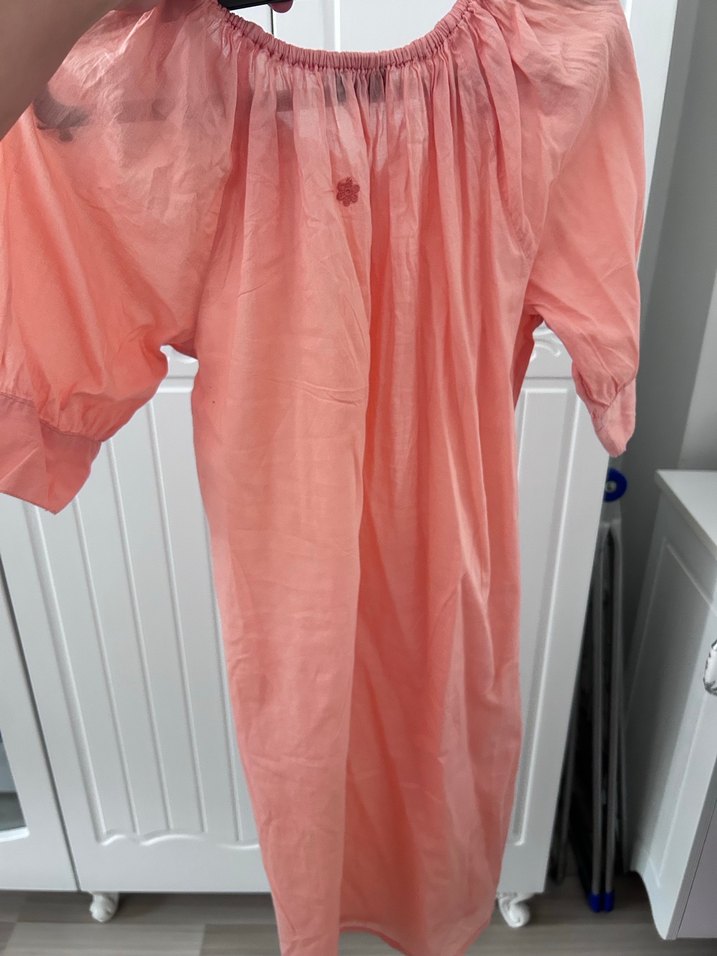 Pembe V Yaka Keten Salaş elbise - Görsel 4