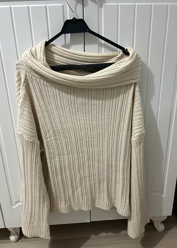 Bej Kayık Yaka Örgü Kadın Kazak - Görsel 3