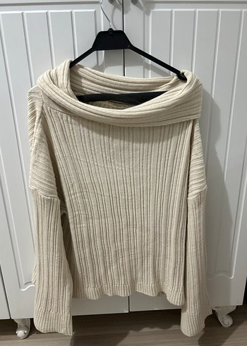 Bej Kayık Yaka Örgü Kadın Kazak - Görsel 2