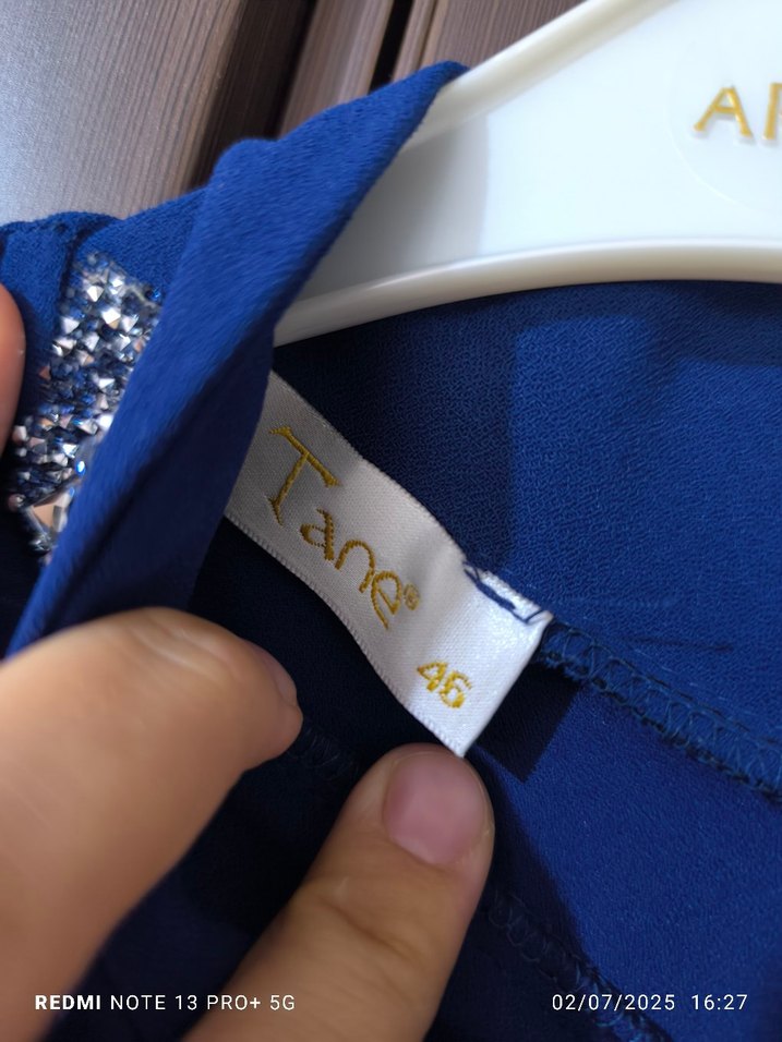 Uzun Kollu İşlemeli Mavi Kadın Abiye - Görsel 5