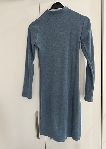 Mavi Yüksek Yakalı Uzun Kollu mini Elbise - Görsel 2