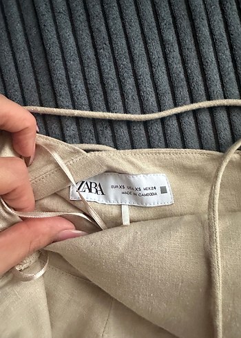 Bej Keten Drapeli Uzun Straplez Elbise - Görsel 7