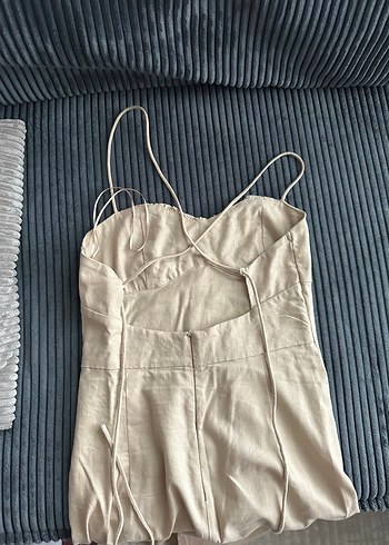 Bej Keten Drapeli Uzun Straplez Elbise - Görsel 5