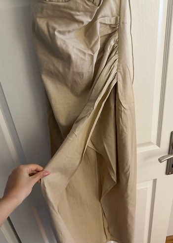 Bej Keten Drapeli Uzun Straplez Elbise - Görsel 4