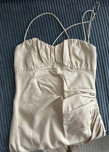 Bej Keten Drapeli Uzun Straplez Elbise - Görsel 6