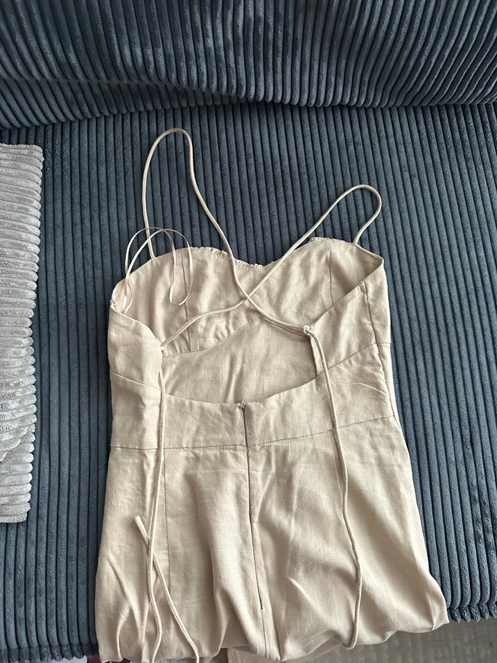 Bej Keten Drapeli Uzun Straplez Elbise - Görsel 5