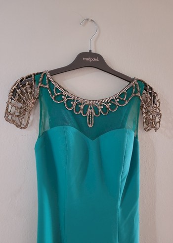 Turkuaz V Yaka Uzun Abiye Elbise - Görsel 3