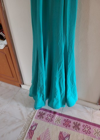 Turkuaz V Yaka Uzun Abiye Elbise - Görsel 4