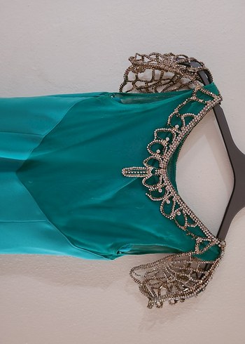 Turkuaz V Yaka Uzun Abiye Elbise - Görsel 5