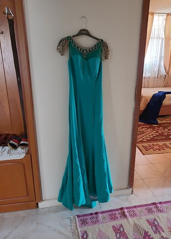 Turkuaz V Yaka Uzun Abiye Elbise - Görsel 6