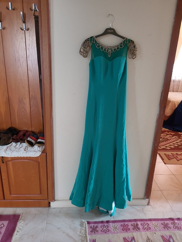 Turkuaz V Yaka Uzun Abiye Elbise - Görsel 2