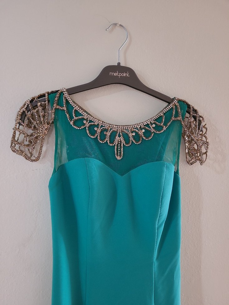 Turkuaz V Yaka Uzun Abiye Elbise - Görsel 3