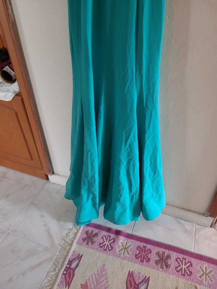 Turkuaz V Yaka Uzun Abiye Elbise - Görsel 4