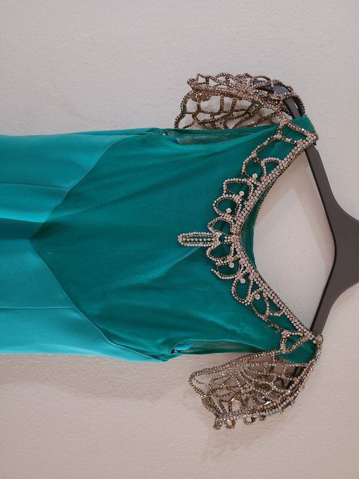 Turkuaz V Yaka Uzun Abiye Elbise - Görsel 5