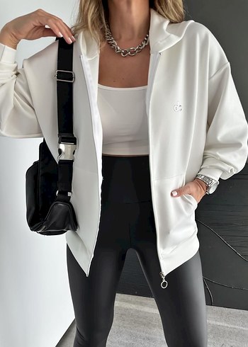 Beyaz Kadın Mini Sweatshirt, Salaş Kesim - Görsel 3