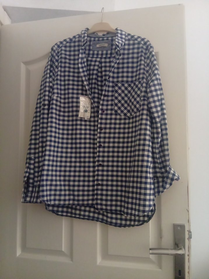 Mavi Ekoseli Pamuklu Kadın Gömlek - Görsel 2