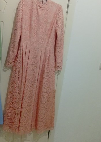 Dantel Detaylı Uzun Pembe Kadın Elbise - Görsel 2