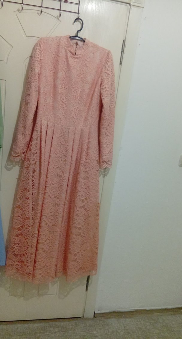 Dantel Detaylı Uzun Pembe Kadın Elbise - Görsel 2