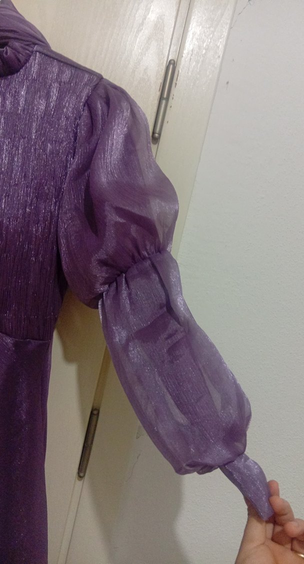 Mor Uzun Kollu Vintage Abiye Elbise - Görsel 3