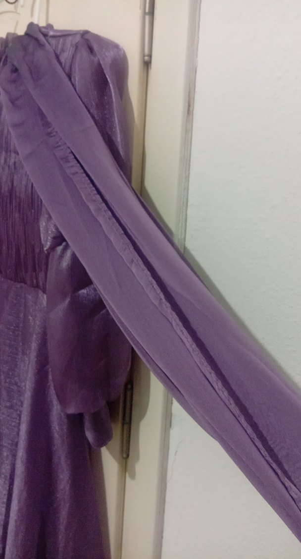 Mor Uzun Kollu Vintage Abiye Elbise - Görsel 5