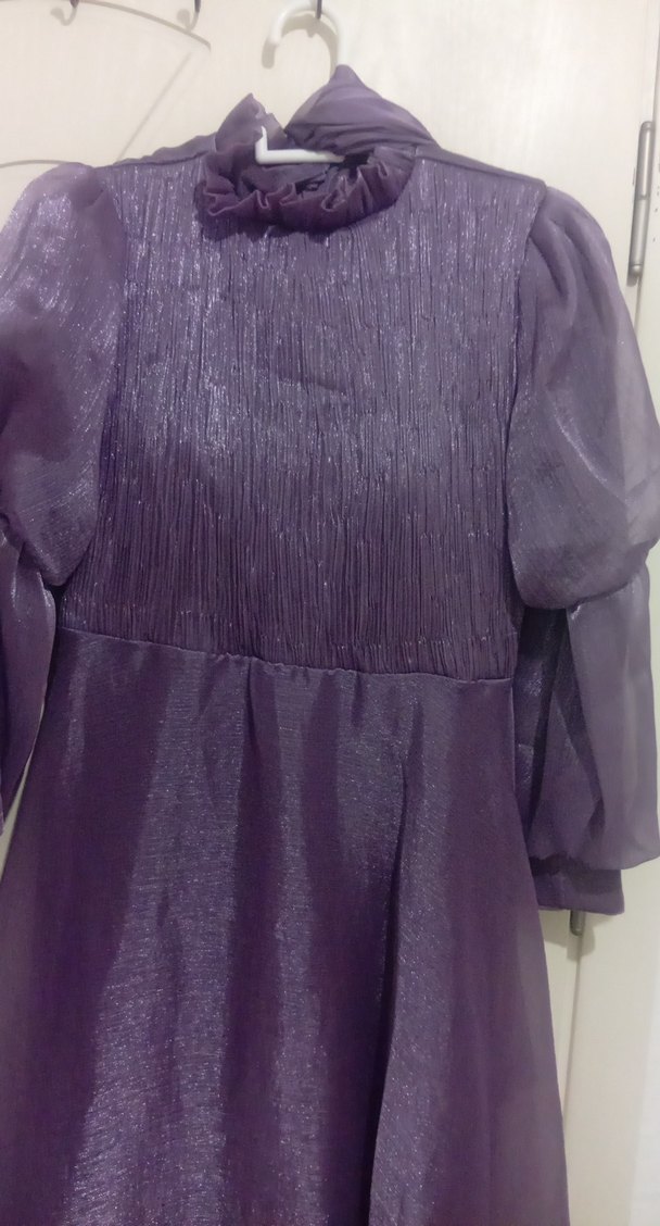 Mor Uzun Kollu Vintage Abiye Elbise - Görsel 2