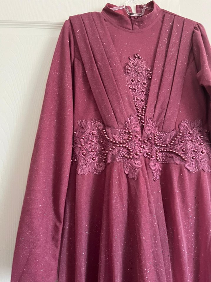 pembe Uzun Kollu İşlemeli Abiye Elbise - Görsel 3