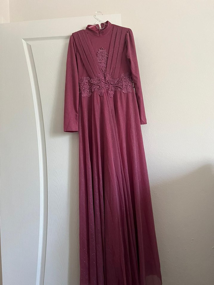 pembe Uzun Kollu İşlemeli Abiye Elbise - Görsel 2