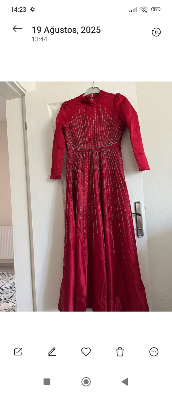 Bordo İşlemeli Uzun Kollu Abiye Elbise - Görsel 2