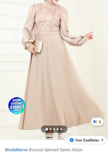 Uzun Kollu Bej İşlemeli Abiye Elbise - Görsel 2