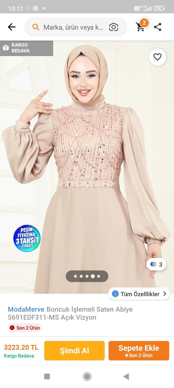 Uzun Kollu Bej İşlemeli Abiye Elbise - Görsel 3