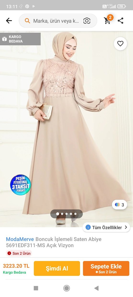 Uzun Kollu Bej İşlemeli Abiye Elbise - Görsel 2