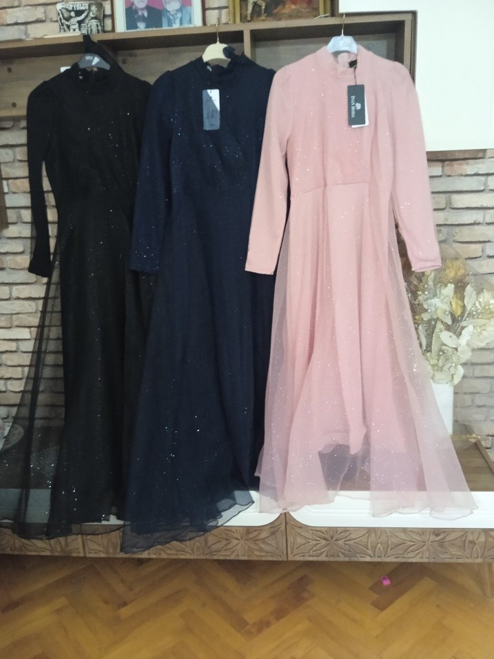 Pudra Pembe Uzun Kollu V Yaka Abiye Elbise - Görsel 5