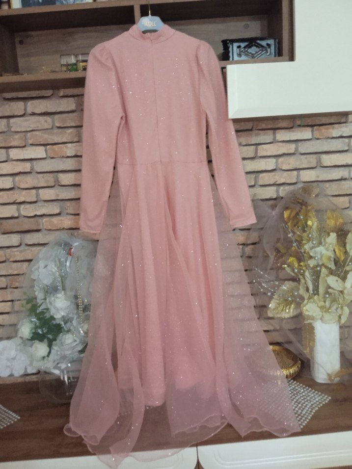 Pudra Pembe Uzun Kollu V Yaka Abiye Elbise - Görsel 4