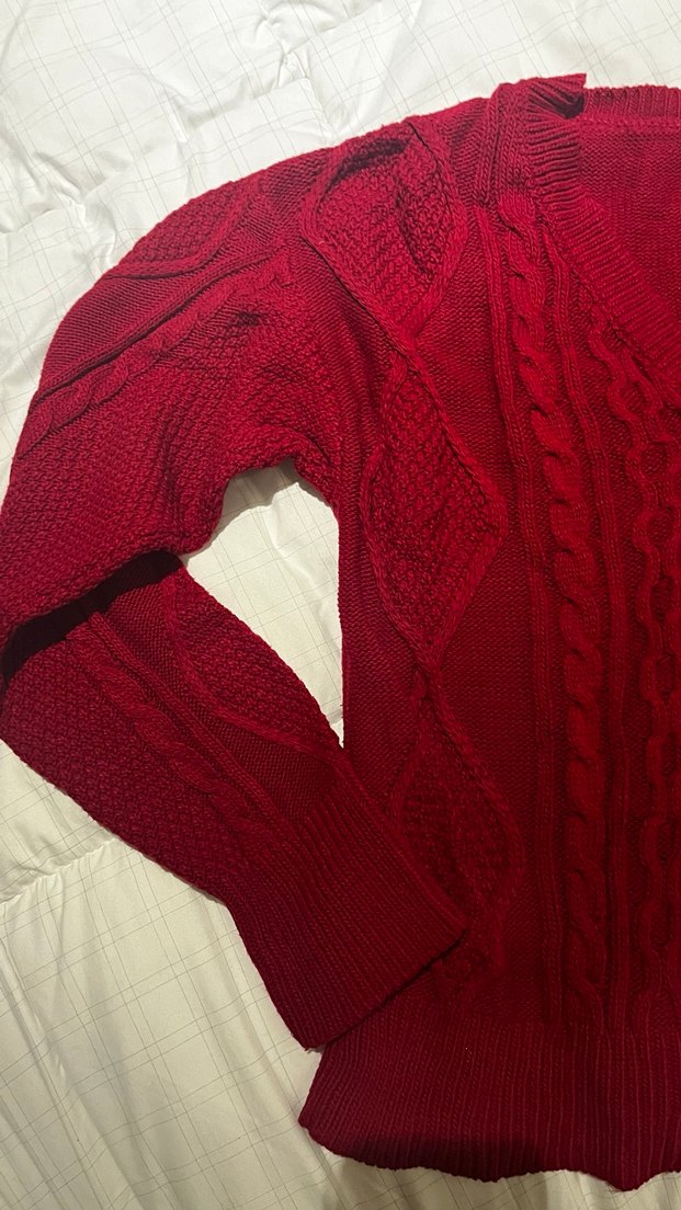 Kırmızı V Yaka Örgü Kadın Kazak - Görsel 3