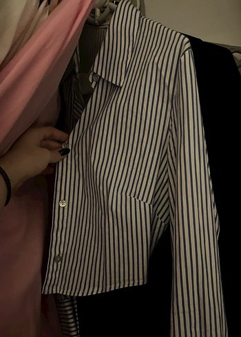 Kadın Mavi Çizgili Crop Gömlek - Görsel 5