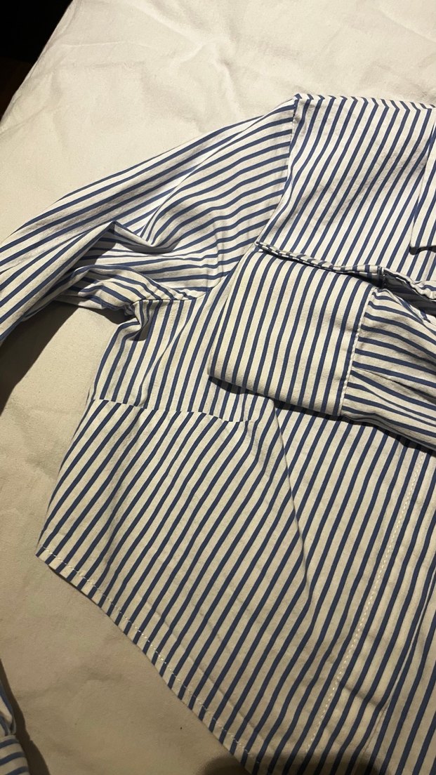 Kadın Mavi Çizgili Crop Gömlek - Görsel 3