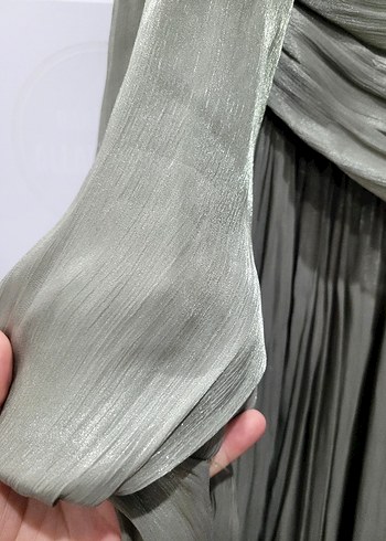 Gri Uzun Keten Drapeli Kadın tesettur abiye Elbise - Görsel 4