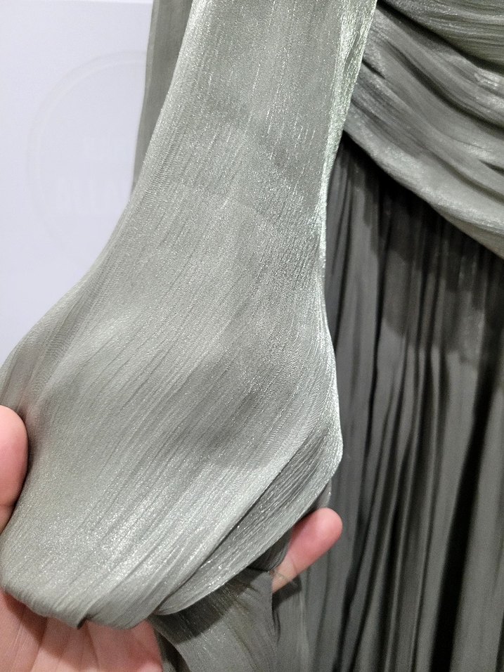 Gri Uzun Keten Drapeli Kadın tesettur abiye Elbise - Görsel 4