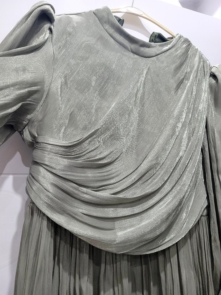 Gri Uzun Keten Drapeli Kadın tesettur abiye Elbise - Görsel 5