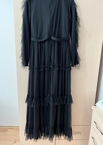 Diğer Uzun Siyah Gotik Fırfırlı Elbise
