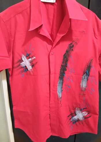 Renkli Baskılı Kısa Kollu Kırmızı Erkek Gömlek - Görsel 2