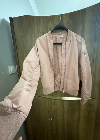 Pembe Kadın Bomber Ceket, Rahat Kesim, Uzun Kollu