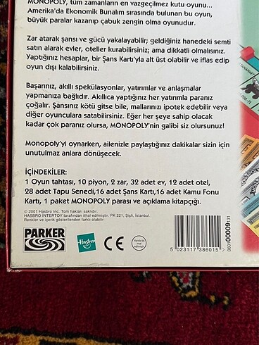 Beden 2001 yılı Klasik Monopoly Kutu Oyunu