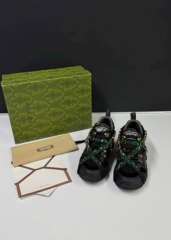 Gucci Siyah Yeşil Taşlı Platform Topuklu Kadın Spor Ayakkabı - Görsel 4