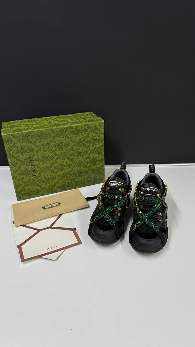 Gucci Siyah Yeşil Taşlı Platform Topuklu Kadın Spor Ayakkabı - Görsel 4