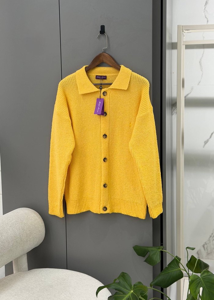 BRAND Sarı Cashmere Yün Hırka Uzun Kollu Geniş Kalıp  S M L - Görsel 3