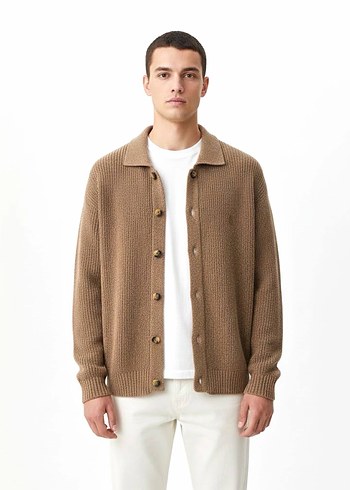 Brand Cashmere Bej Düğmeli Erkek Triko Hırka S M - Görsel 4