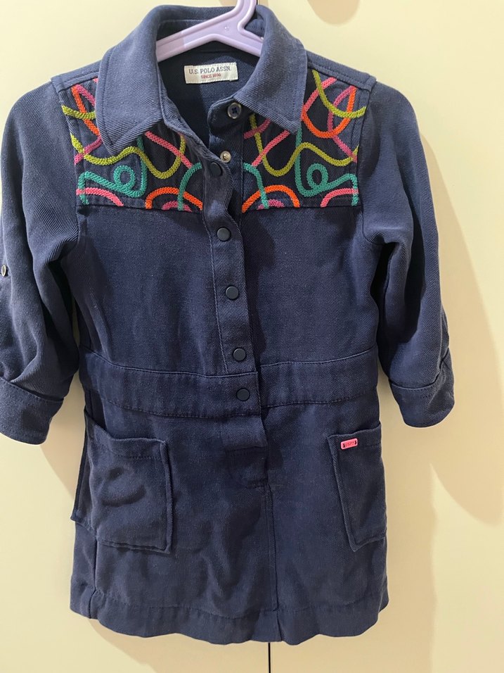 Nakışlı Koyu Mavi Kız Kot elbise - Görsel 2